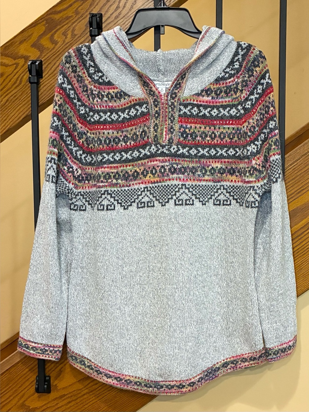 NorthStyle Sweater Fair Isle Knit Hooded Pullover Gray Multi SZ. M